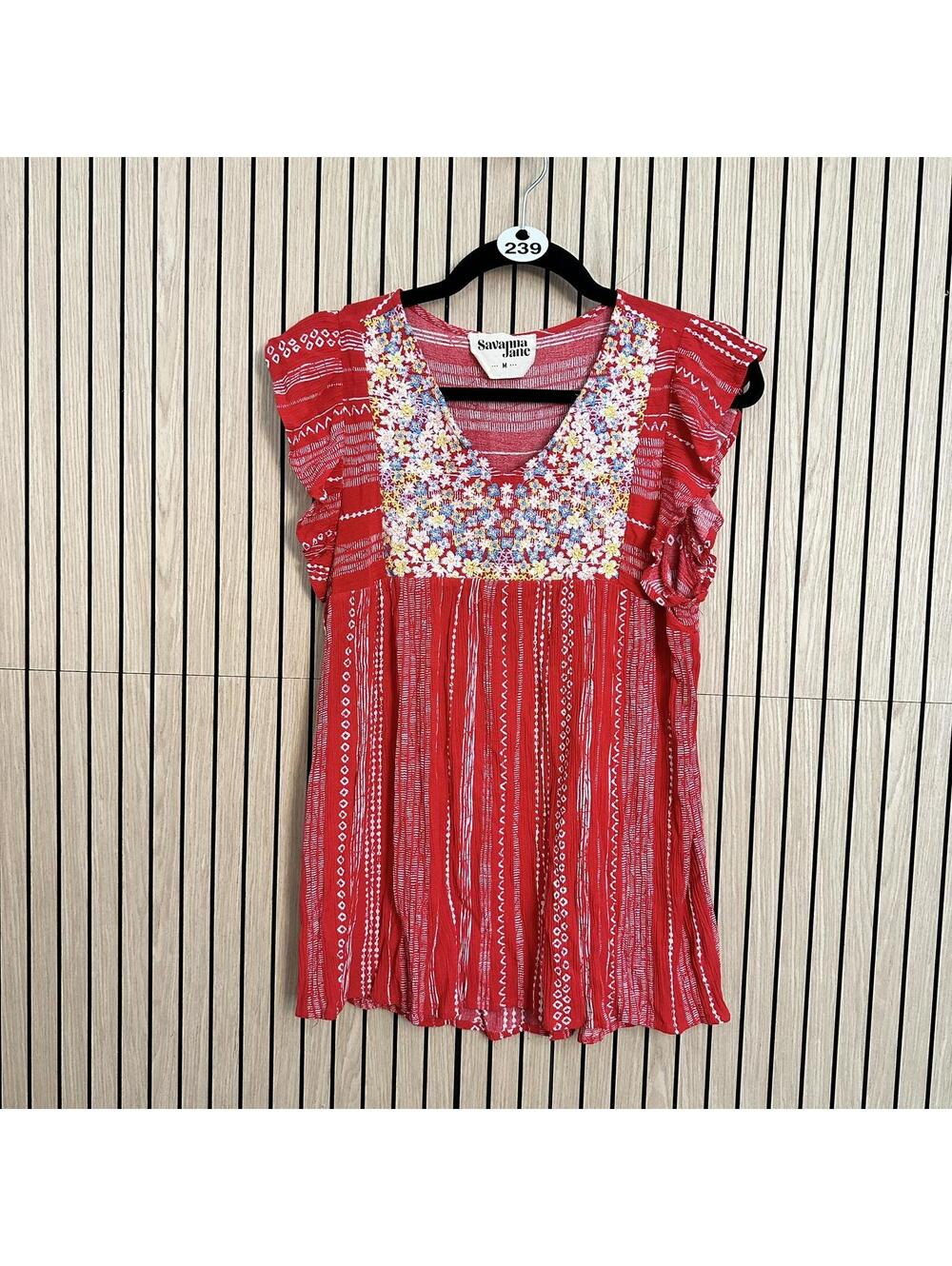 239 Savanna Jane Red Embroidered Ruffled Boho Blouse (Medium, EUC) - Picture 3 of 6